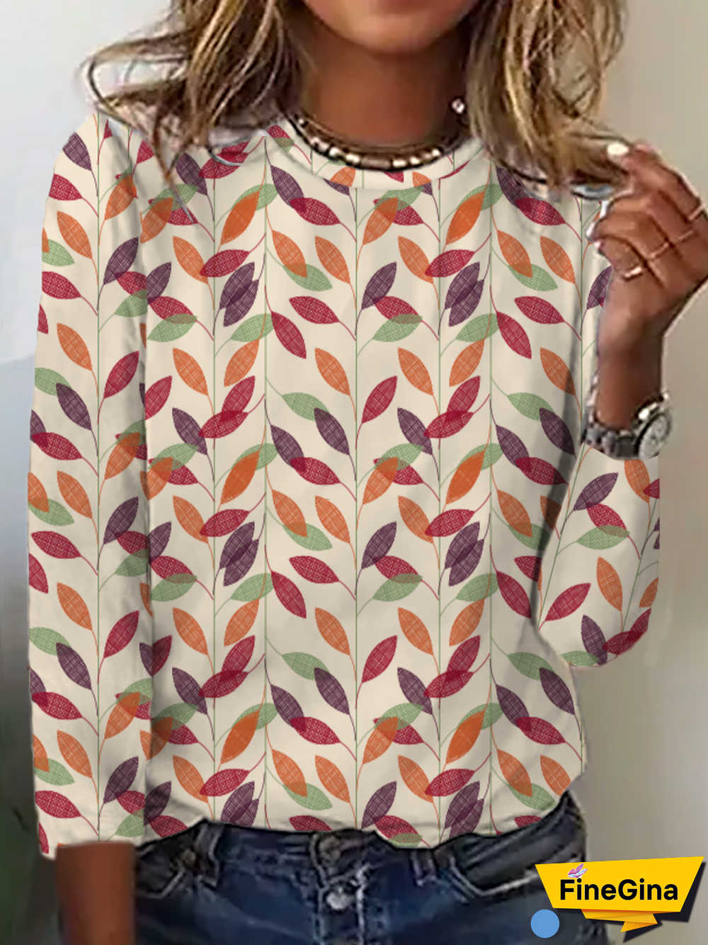 Casual Summer Leaf Loose Jersey Long sleeve Regular H-Line Regular Size T-shirt for Women