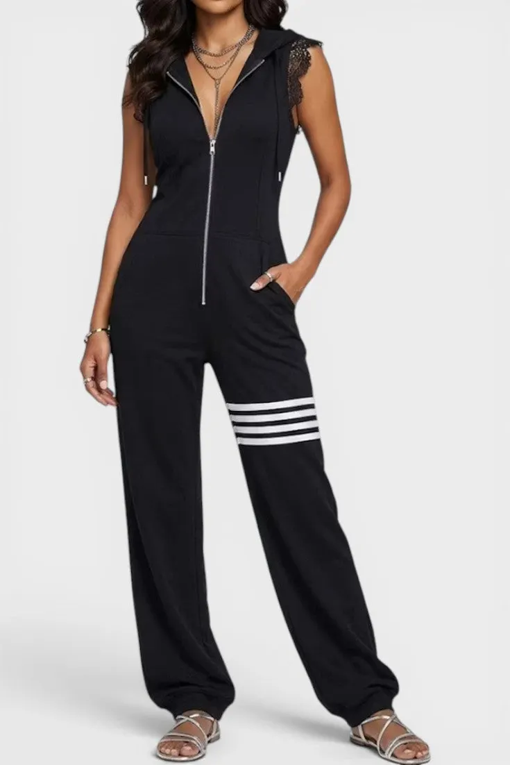 Hooded Jumpsuit with Lace Trim and Striped Pants