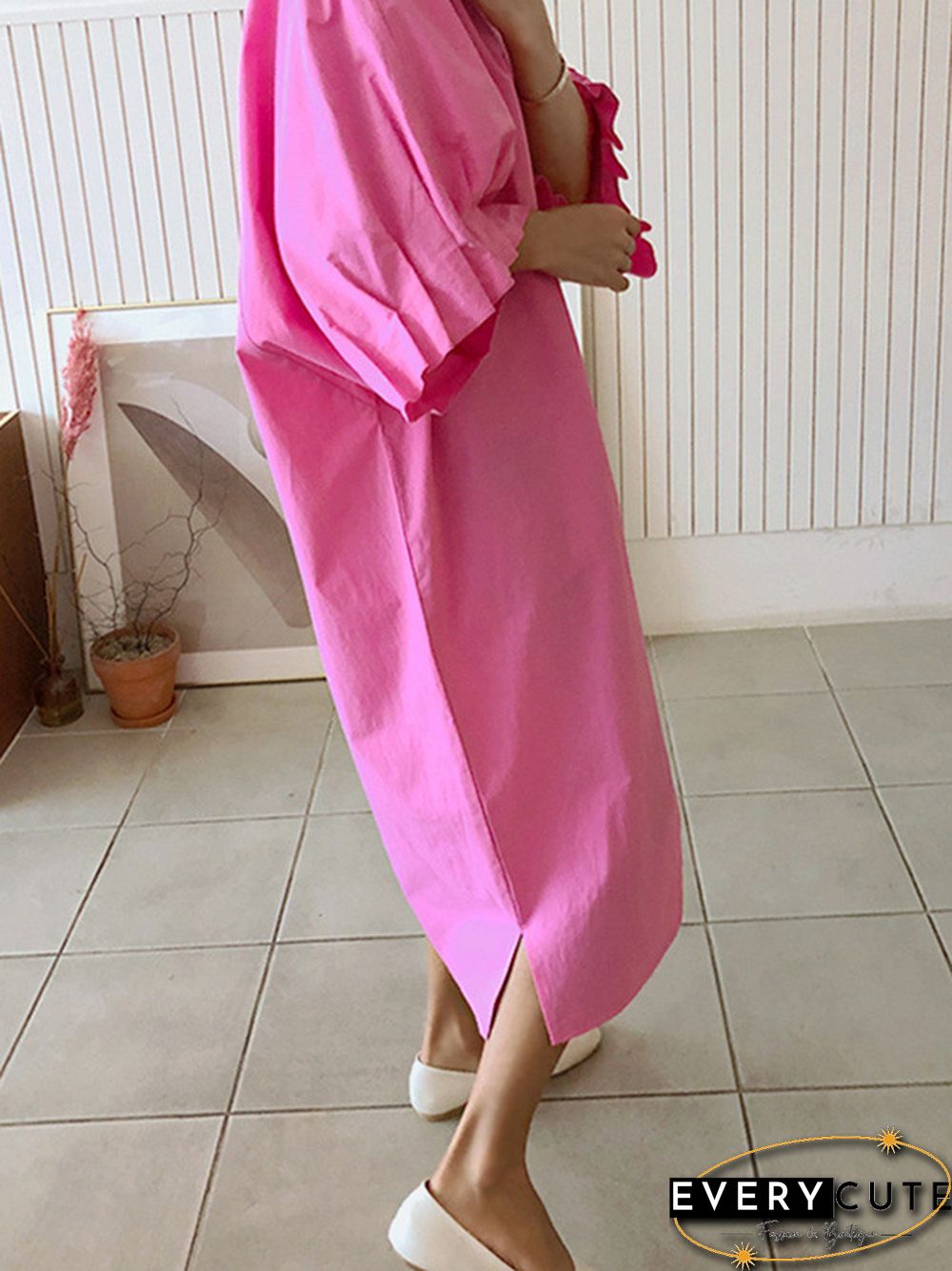 Causal Plus Size Pleated Raglan Sleeve V-Neck Midi Dress