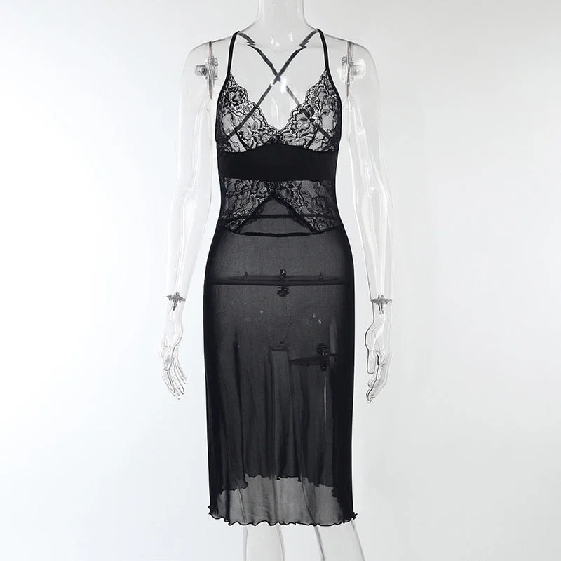 Billlnai  HOT Summer For 2023 Tank Strap Women's Clothes V-Neck Backless Casual Nightclub Party Sexy Lace Prom Corset Black Midi Dress