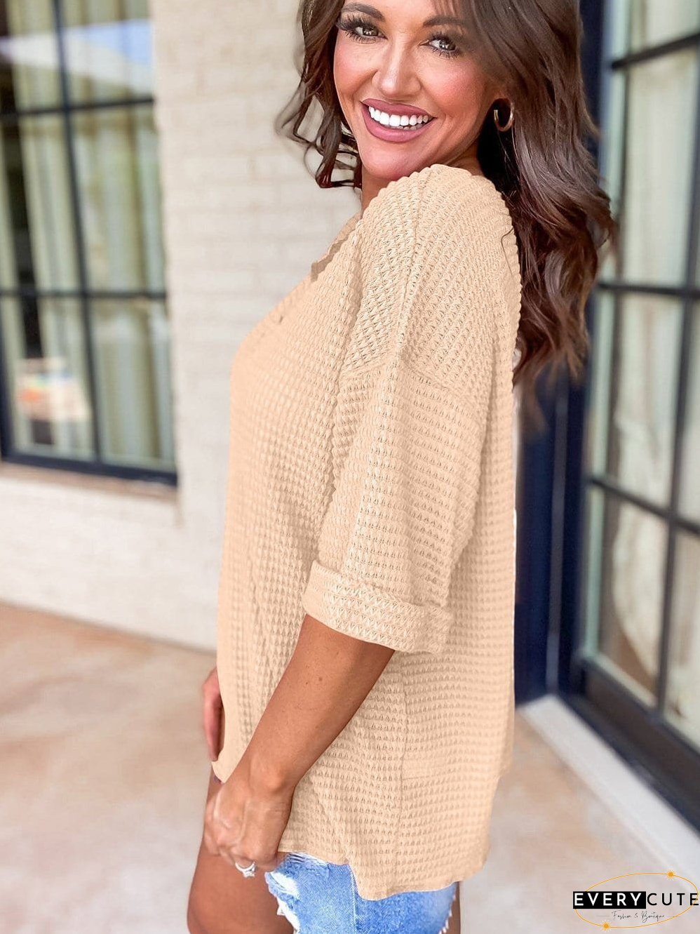 Parchment Waffle Knit V-Neck Casual Top with Split Neck