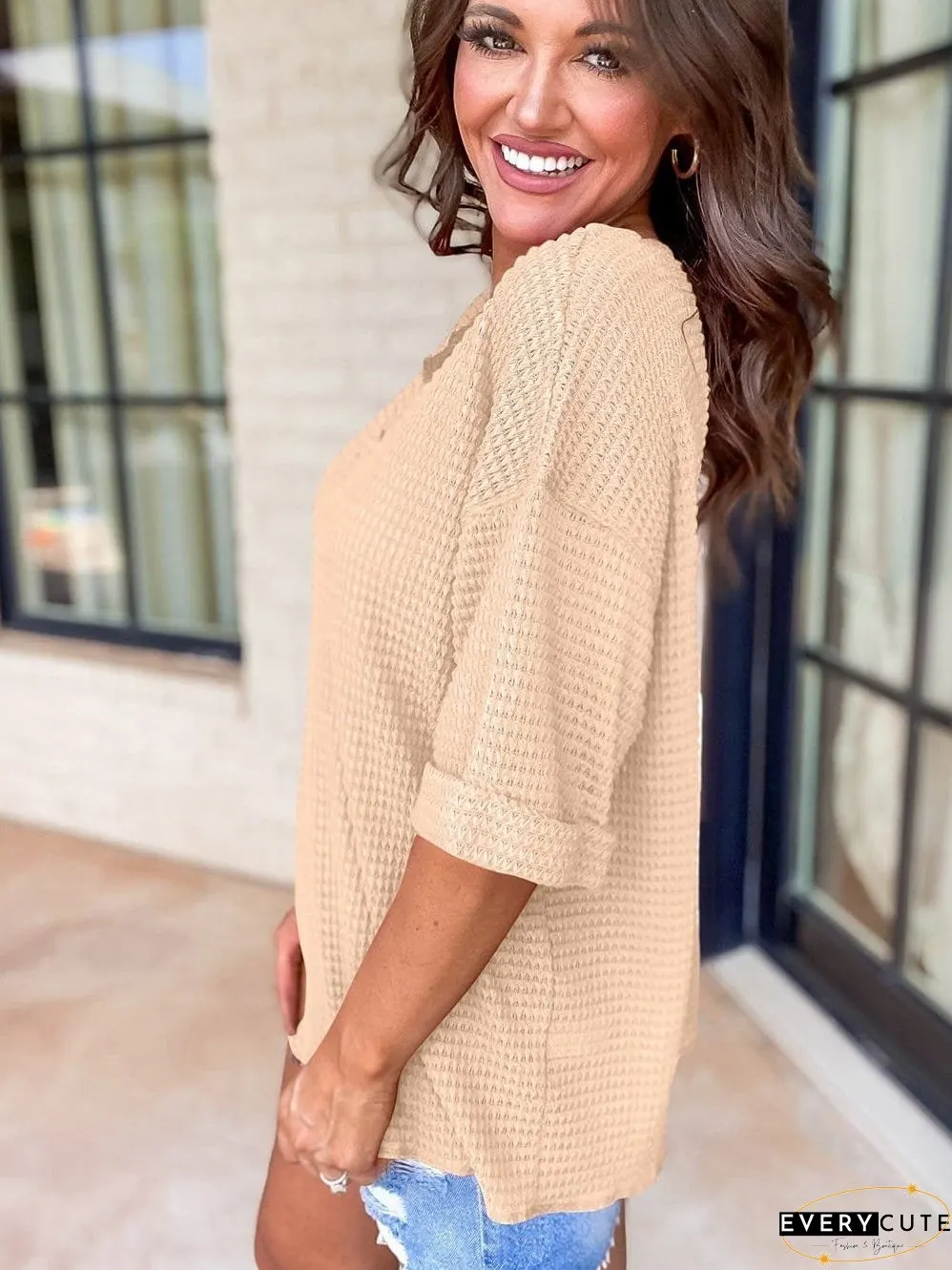 Parchment Waffle Knit V-Neck Casual Top with Split Neck