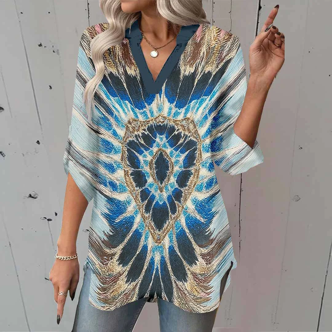 Women Ethnic, Bohemian, Blue, Brown DZGA0483 3/4 Sleeve V-neck Printed Graphic Button Tops