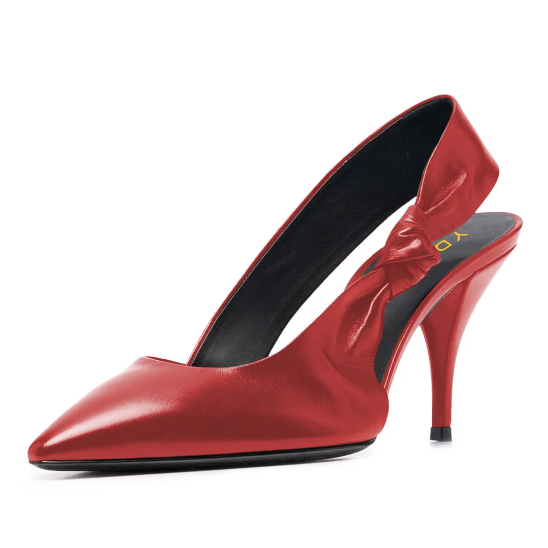Vegan Leather Pointed Toe Knot Decor Slingback Heels in Red