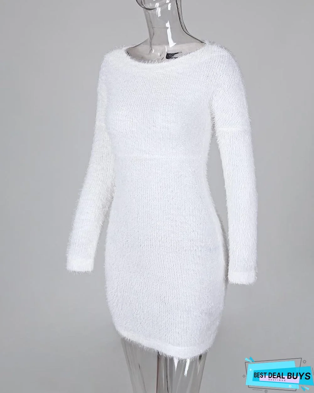 Fluffy Solid Long Sleeve Bodycon Dress