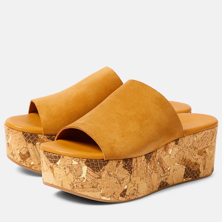 FSJ Yellow Vegan Suede Open Toe Cork Platform Slide Sandals |FSJ Shoes