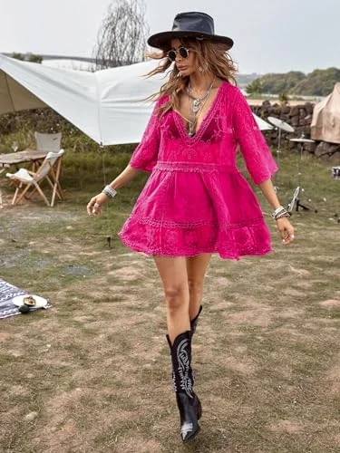 B2prity Women's Contrast Lace Bathing Suit Cover Up V-Neck Swimsuit Coverups Loose Swimwear Beach Dress Beachwear