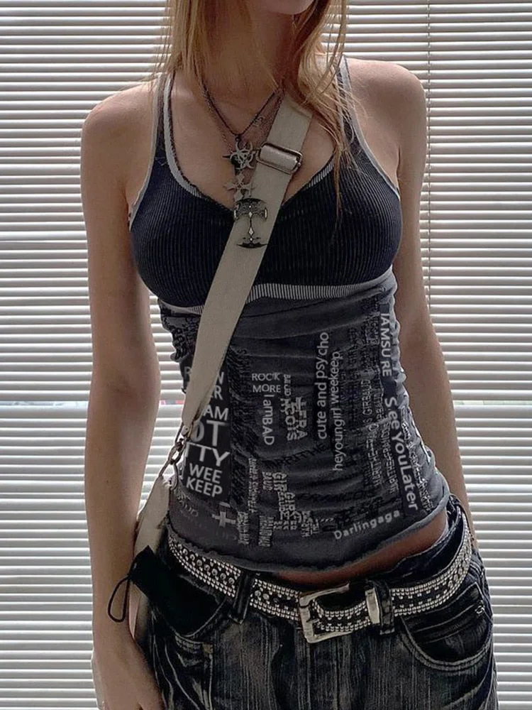 Rapcopter y2k Printed Tank Tops Grunge Punk Cute Mini Vest Women Goth Black Spaghetti Strap Backless Crop Top Korean Summer Tee