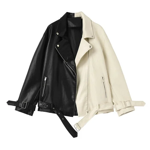 FTLZZ Spring Autumn Lapel Splicing Pu Leather Jacket Women Moto Frenulum Faux Soft Leather Coat Casual Loose Outwear With Belt