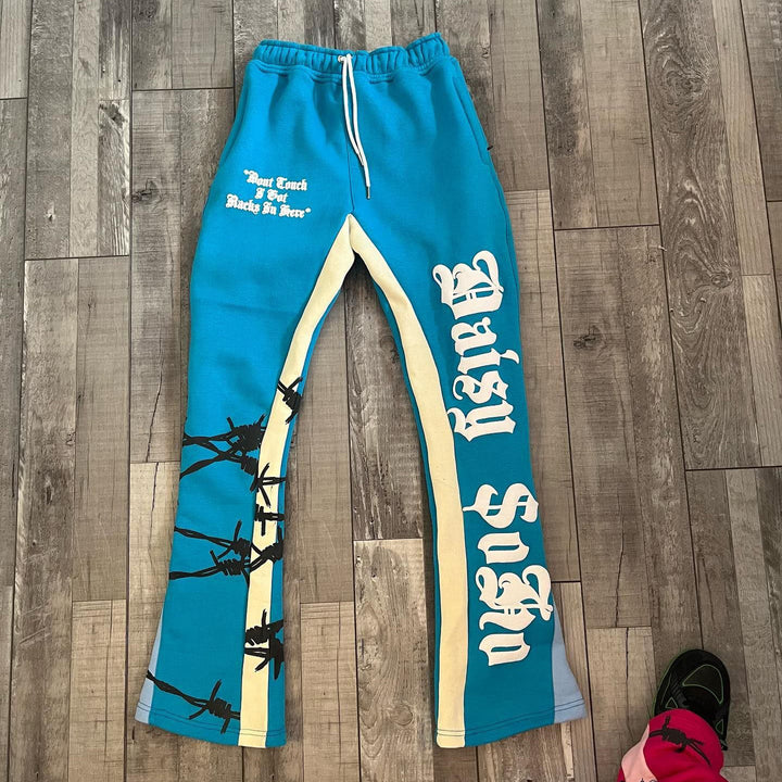 Retro Street Letter Puff Print Blue Flared Sweatpants - SOPULA