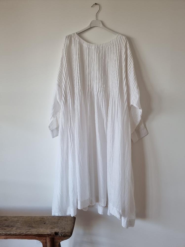 Casual Cotton & Silk Pintuck Dress With Long Sleeves