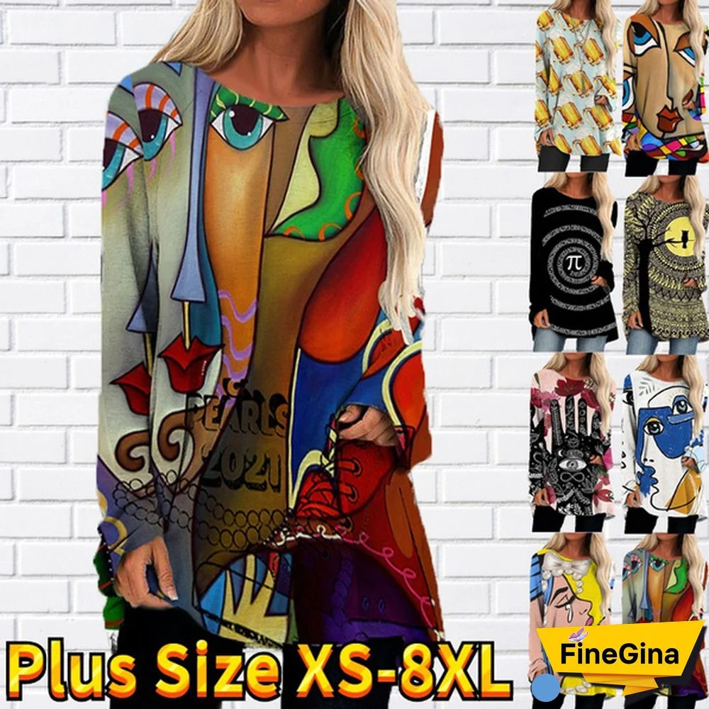 Spring and Autumn Women's Printed Casual Long Sleeve o-neck Top Loose Soft and Comfortable Blouse Bottoming Shirt Women Zipper Long-sleeved Shirt Casual Loose Soft T-shirt Dress Plus Size XS-8XL