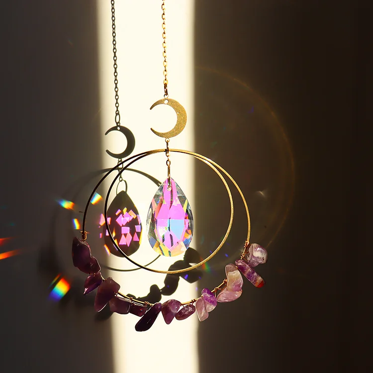 Crystal  Moon Circle Hanging Metal Pendant Home Decor (Purple)