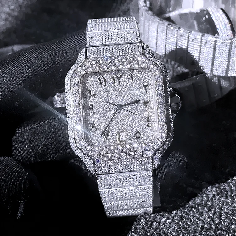 Vessful Hip Hop Iced Out Watch Square Dial Watches Crystals White Gold Stainless Steel Mens Silver Watch-VESSFUL