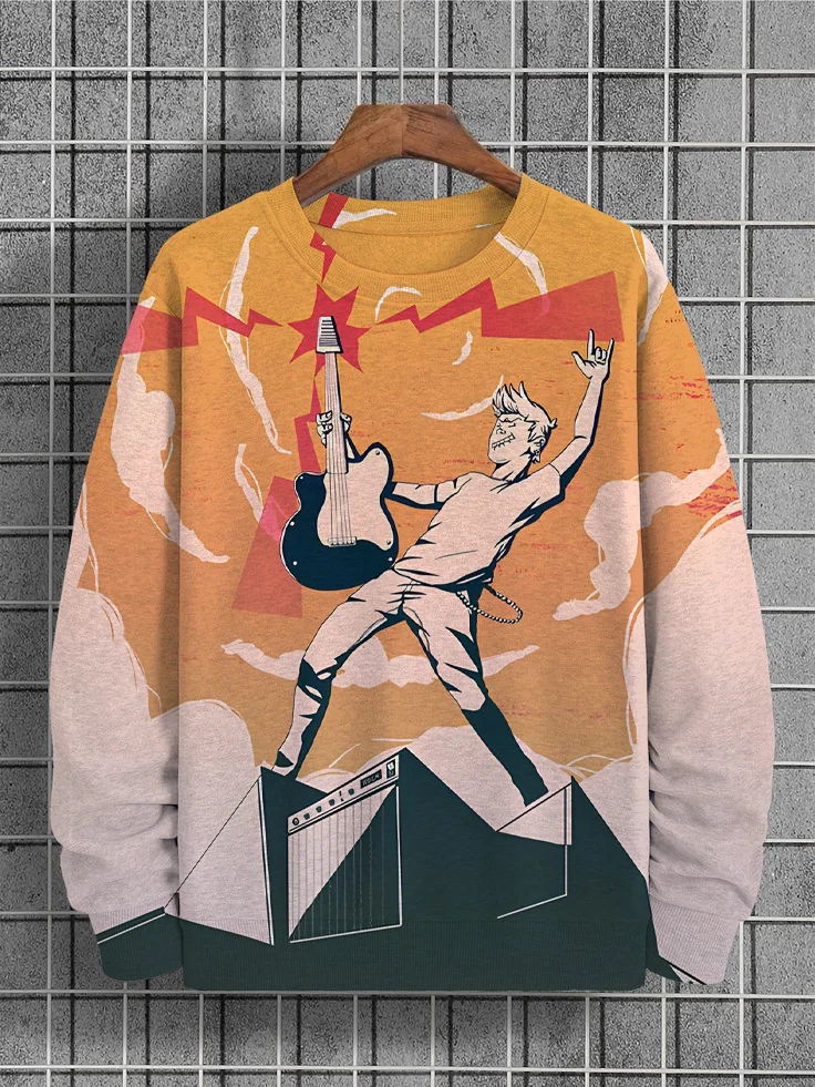 Men's Rock And Roll Boy Electric Guitar Print Casual Sweatshirt