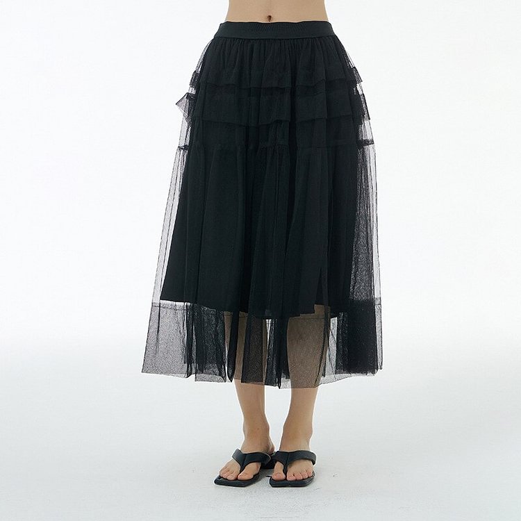 Temperament Perspective Ruffle Mesh Elastic Waist A-line Skirt  