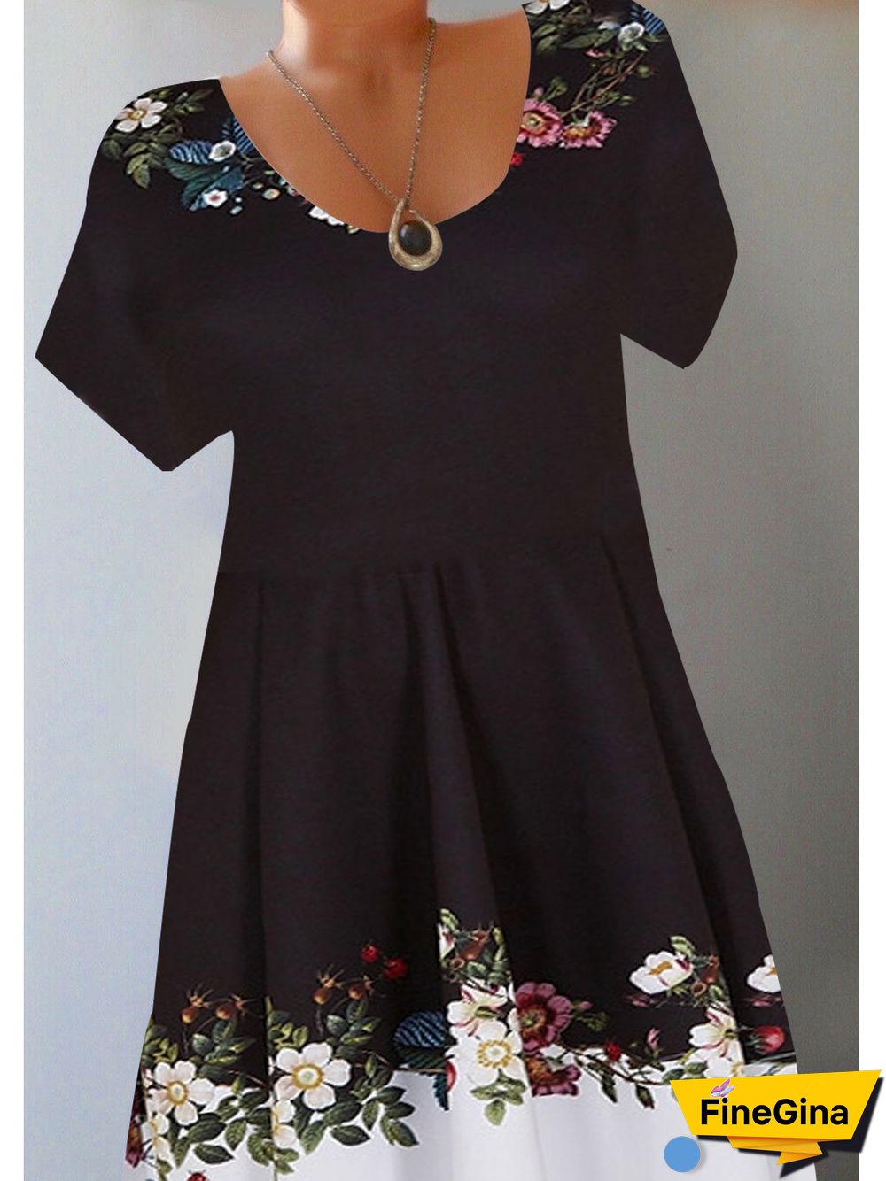 Women Fashion Round Neck Short Sleeve Floral Printed Stitching Midi Dress