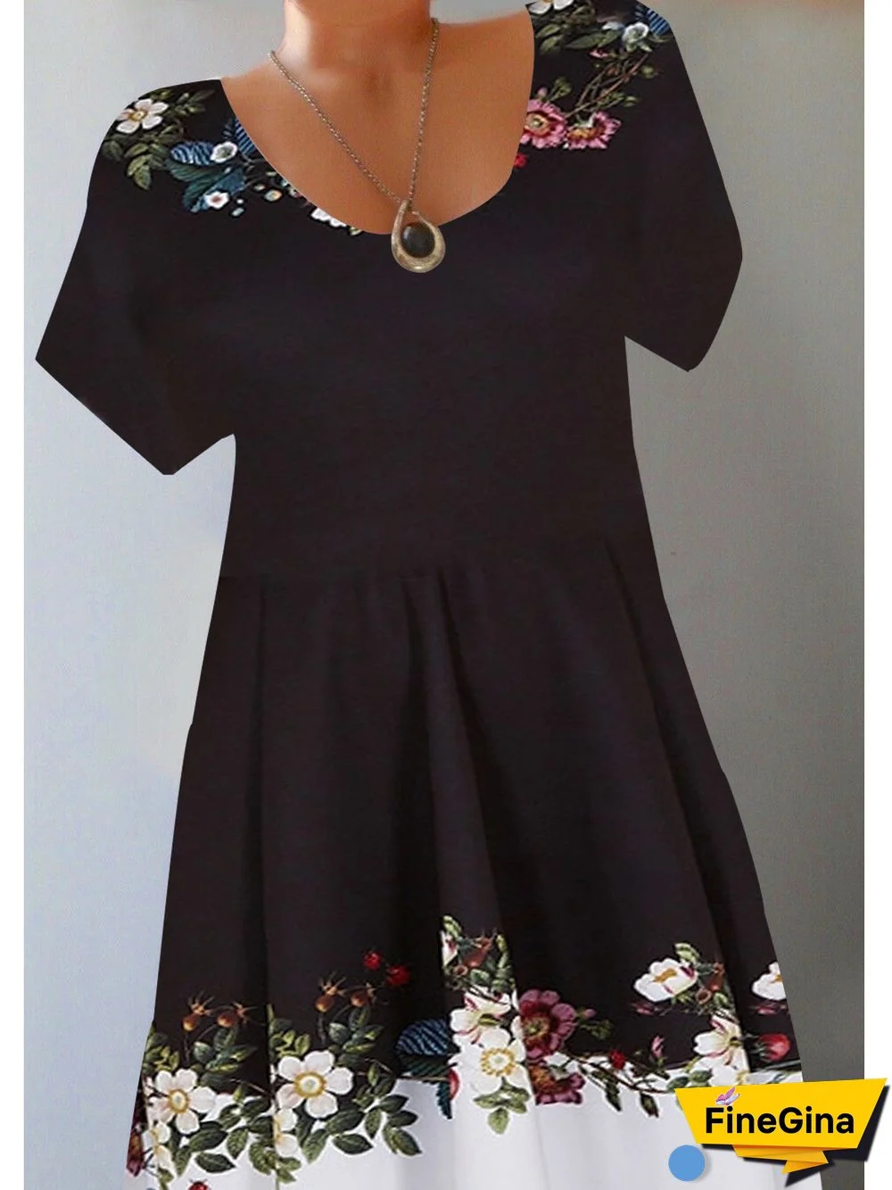 Women Fashion Round Neck Short Sleeve Floral Printed Stitching Midi Dress