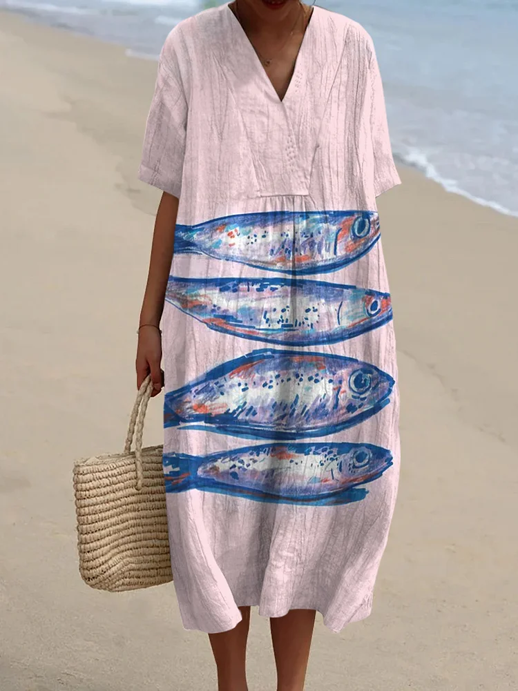 Women's Vintage Fish Art Print Flowy Dress