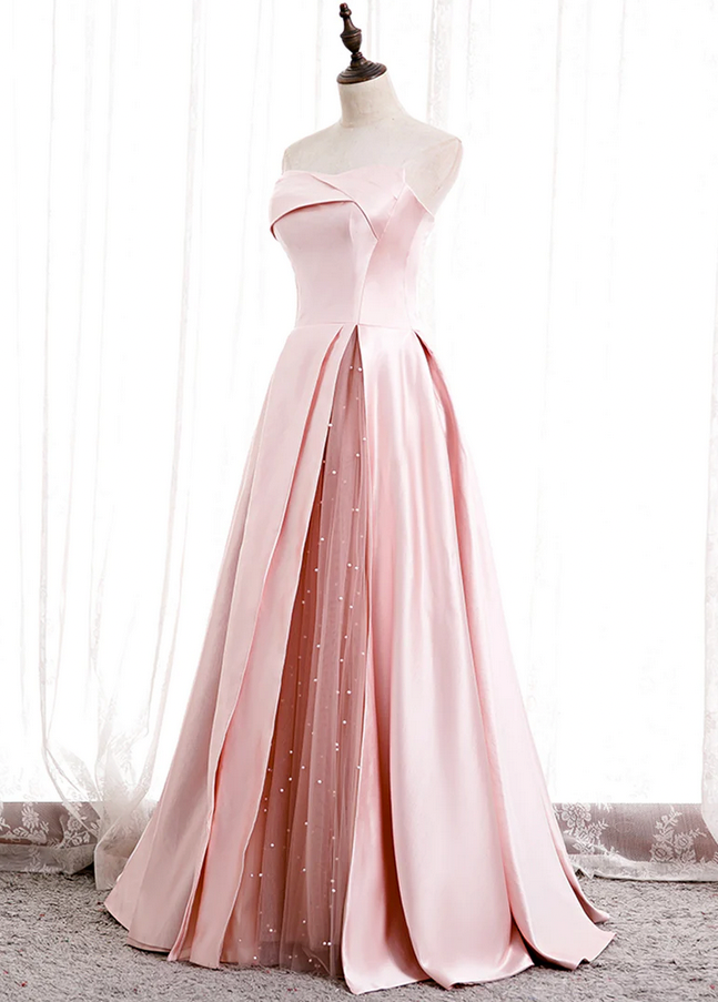 long pink satin prom dresses with tulle, satin formal prom evening dresses
