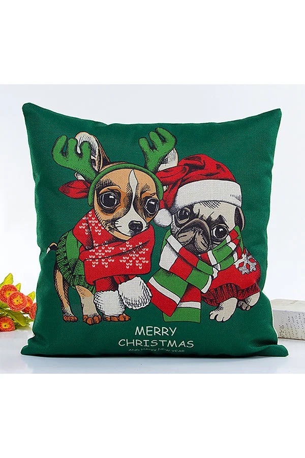 Home Decor Cute Dog Print Merry Christmas Throw Pillow Cover Green-elleschic