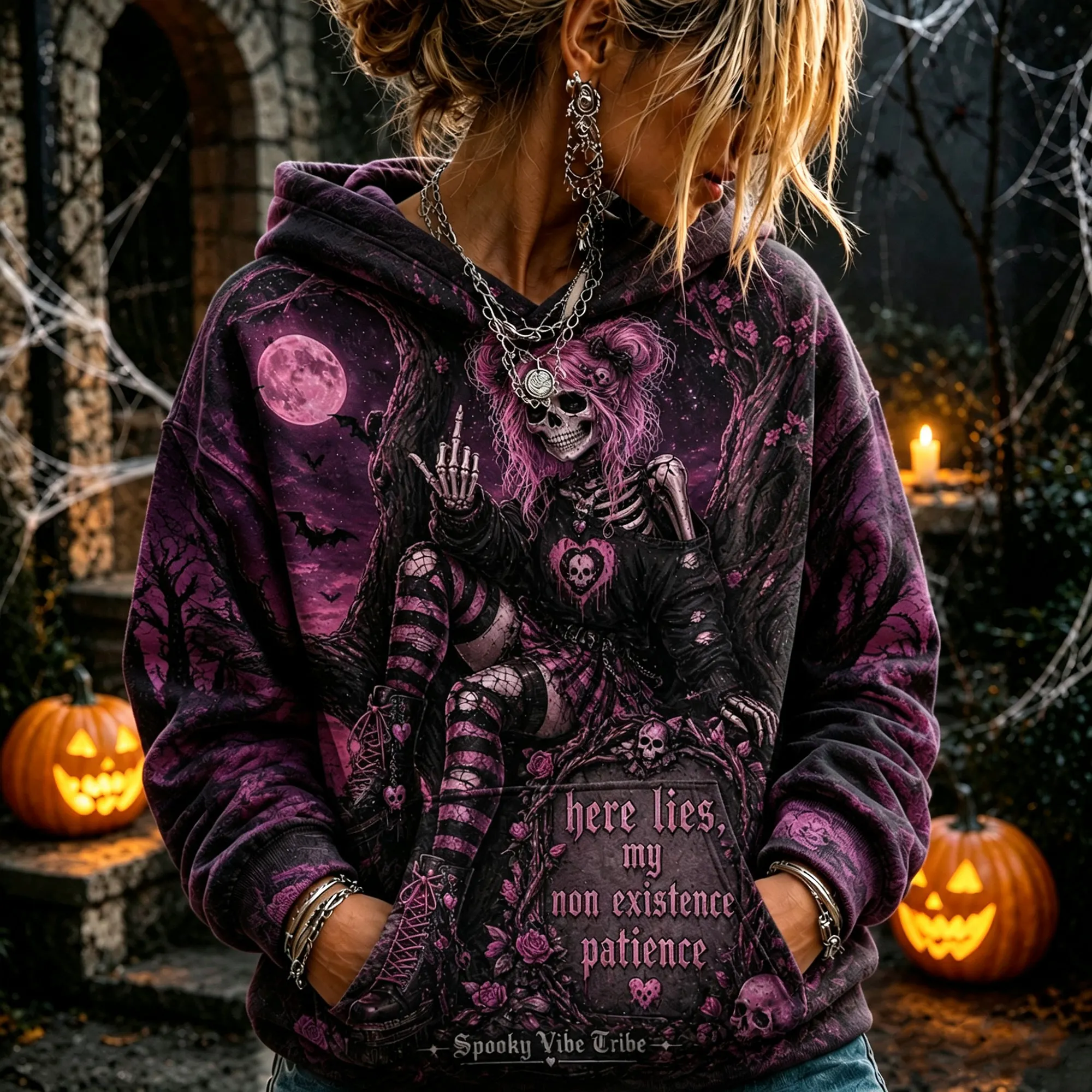 Vintage Distressed Pink And Purple Halloween Gothic Skull Girl Eerie Moon Bat Pattern Hoodie artswardrobe
