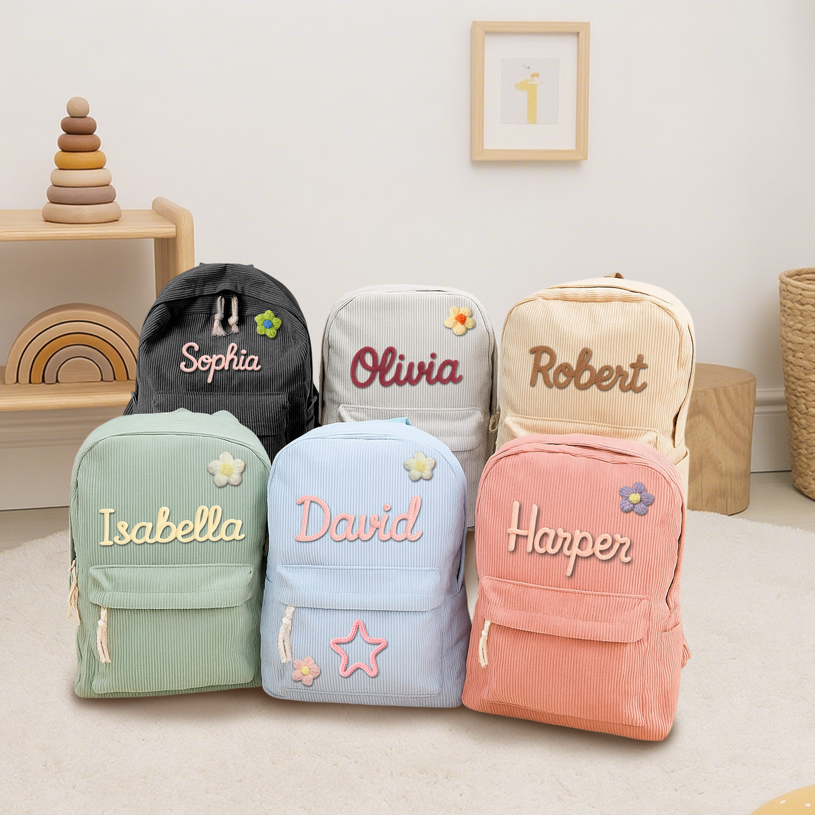 Personalized Braided Flower Rainbow Name Corduroy Kid Toddler Backpack for Preschool Kindergarten Birthday Back to School Gift for Boys Girls