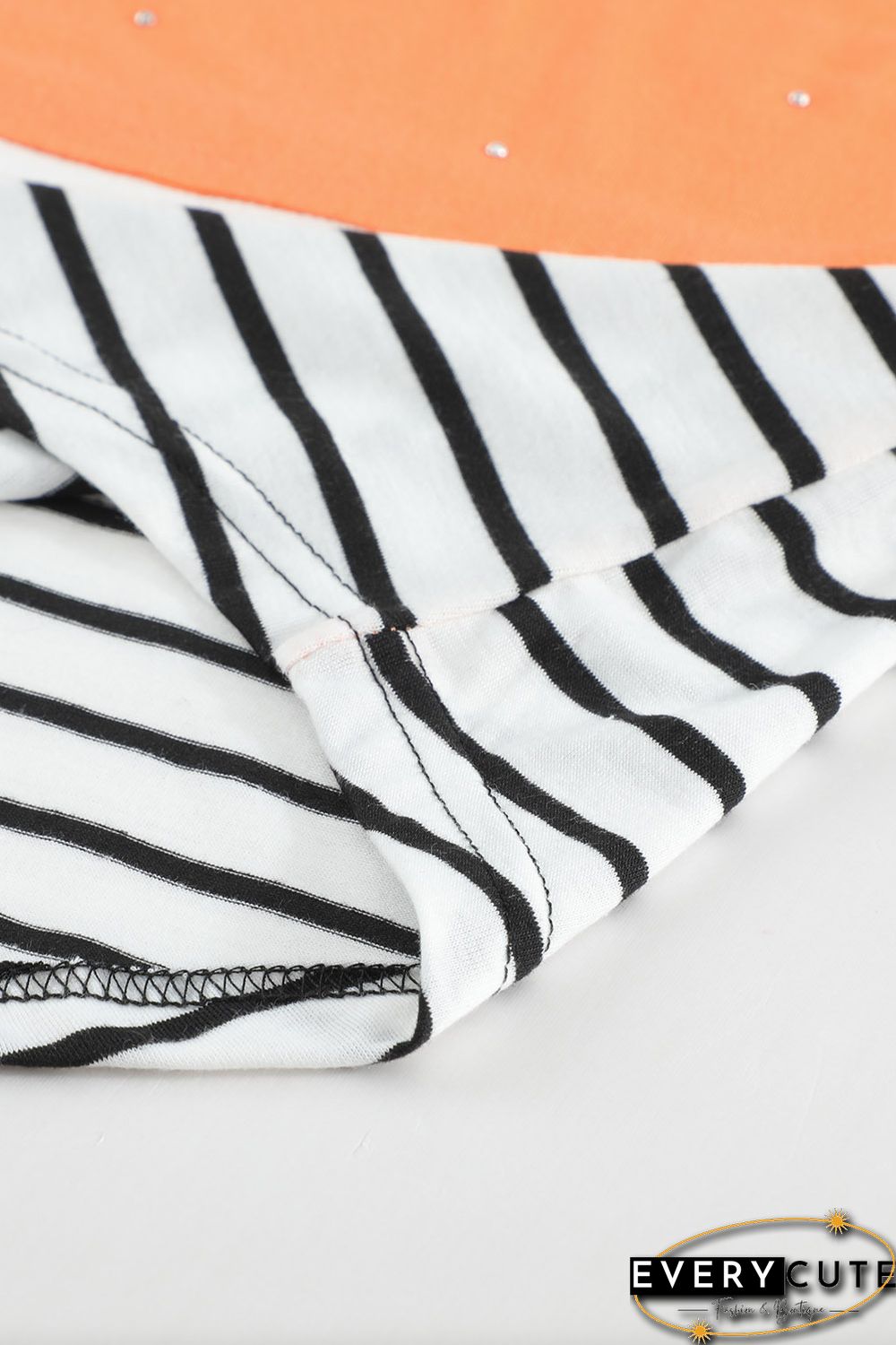 Orange Rhinestone Beading Striped Patchwork Long Sleeve Top