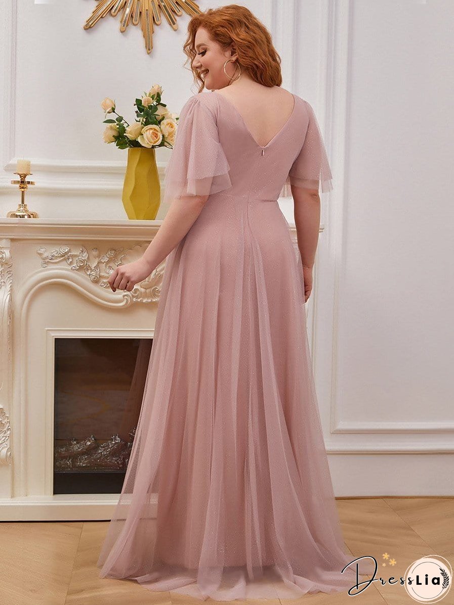 Elegant Golden Stamped Ruffle Sleeve Evening Gown