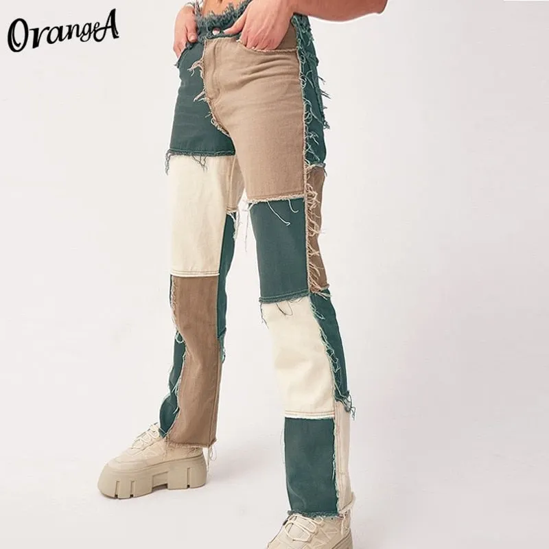 OrangeA Summer Women Denim Striped Patchwork Street Casual Hip Hop High Waist Loose Straight Jeans Pants Mujer Fashion Trousers