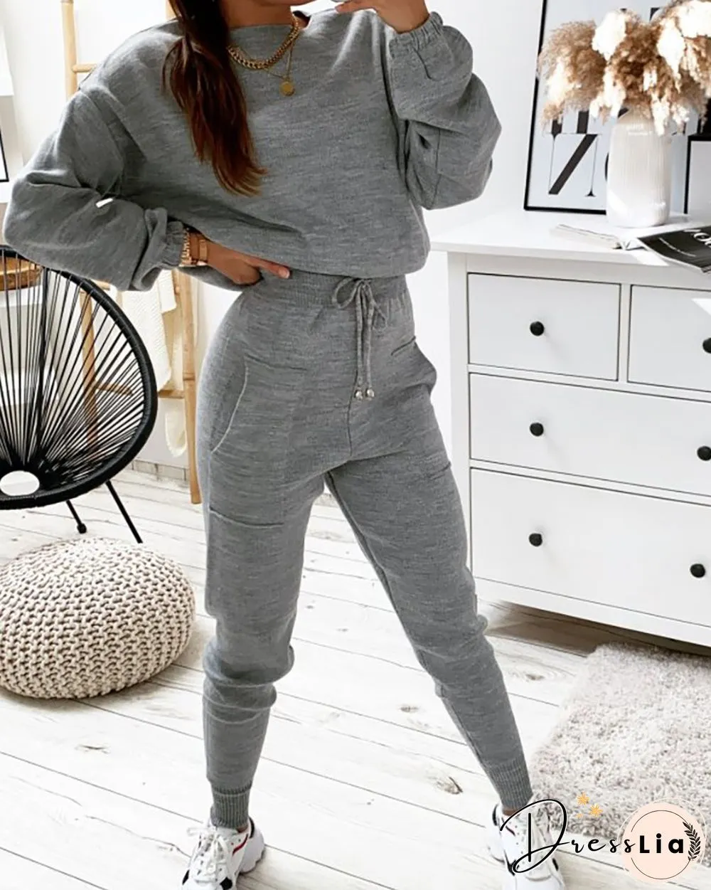 Plain Long Sleeve Top & Drawstring Pants Set