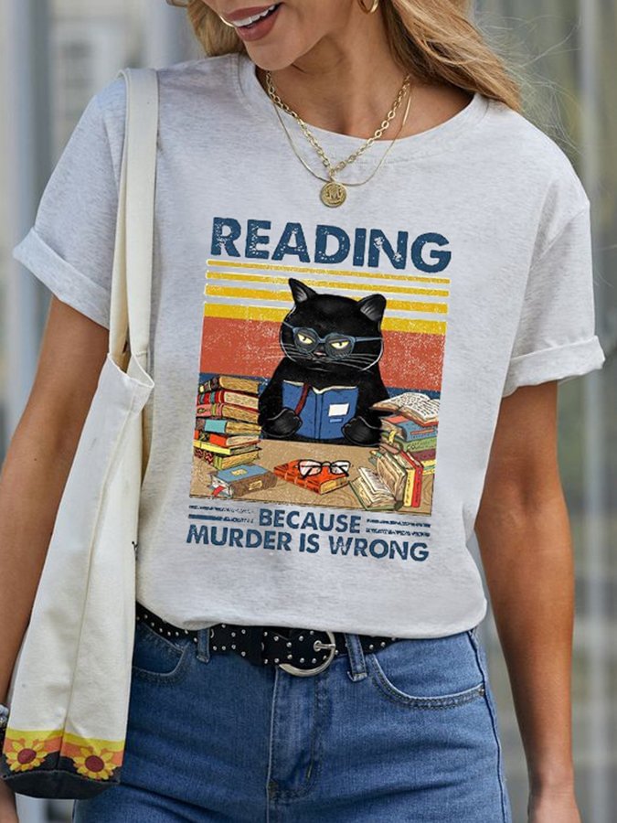Women's Funny Cat Print Crew Neck Short Sleeve Tee Shirt , Funny Tee Shirt, Sarcastic T-Shirt, Saying Tee Shirt