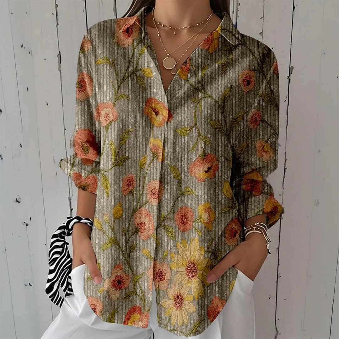 Style & Comfort for Mature Women Women Floral, Shiny, Pink, Green DZCL0179 3/4 Sleeve Shirt Collar Printed Button Tops