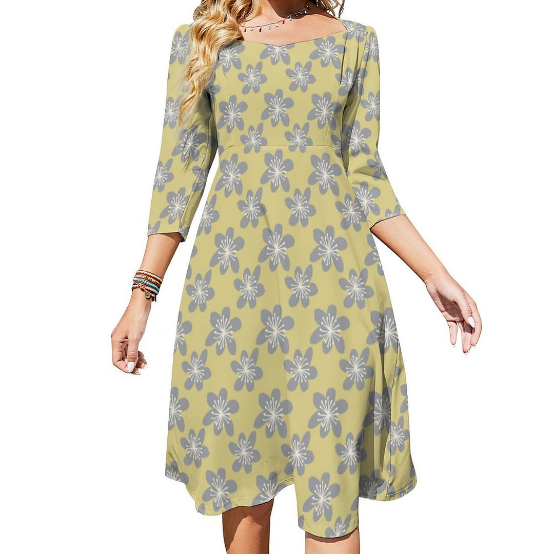 Elegant Yellow And Ultimate Grey Floral Pattern Dress Sweetheart Tie Back Flared 3/4 Sleeve Midi Dresses