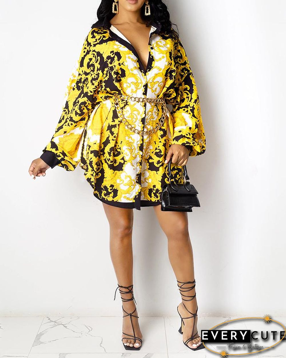 Graphic Print Long Sleeve Shirt Dress