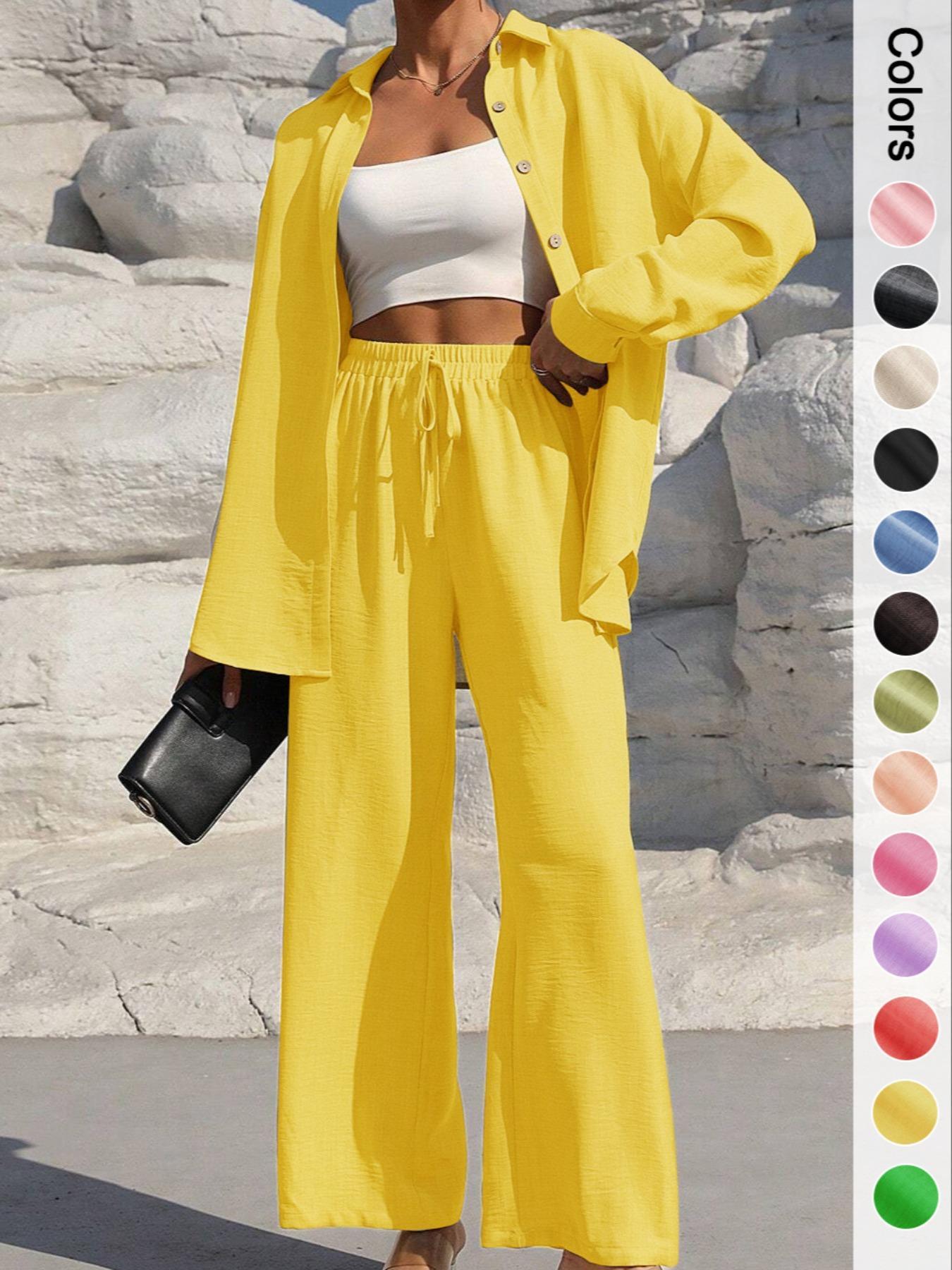 Women's Solid Button Front Shirt & Tie Front Wide Leg Pants Two-piece Set, Casual Drop Shoulder Long Sleeve Top & Trousers 2 Piece Set for Spring & Fall, Women's Clothes for Daily Wear, Casual Outfits Women Women's Solid Button Front Shirt & Tie Front Wide Leg Pants Two-piece Set, Casual Drop Shoulder Long Sleeve Top & Trousers 2 Piece Set for Spring & Fall, Women's Clothes for Daily Wear, Casual Outfits Women