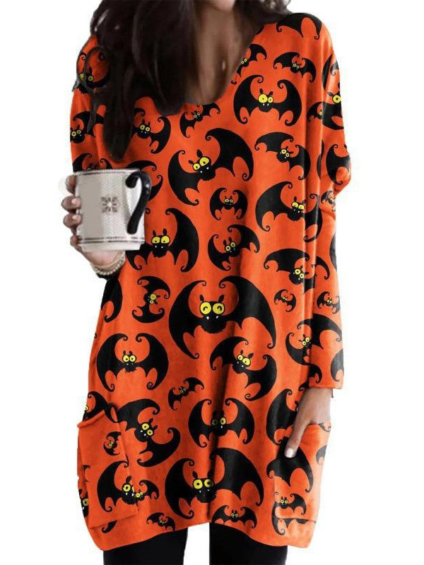 Women's  Halloween Graphic Printed V-Neck Long Sleeve Maxi Dress