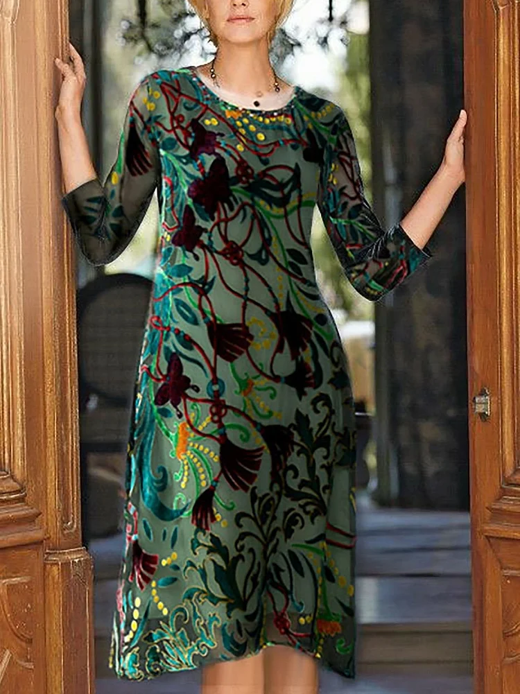 Pattern green velvet dress
