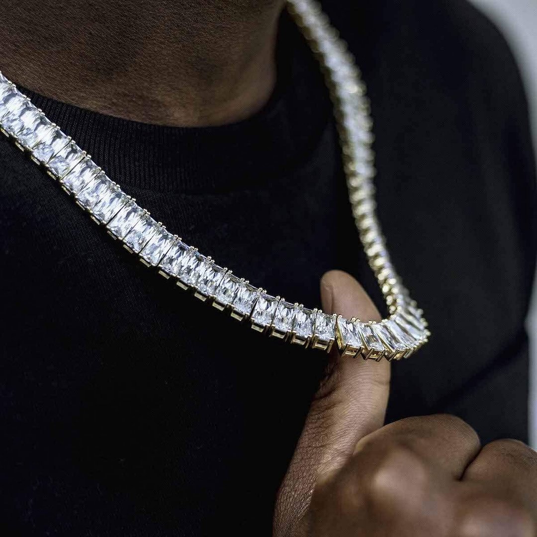 10MM Gold Plated Iced Out Zirconia Baguette Tennis Chain Hiphop Necklace-VESSFUL
