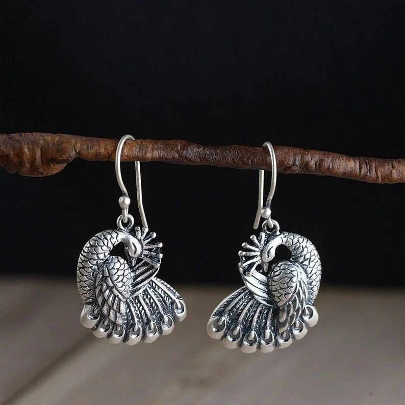 Retro Peacock Dangle Earrings Fine Silver Color Earrings