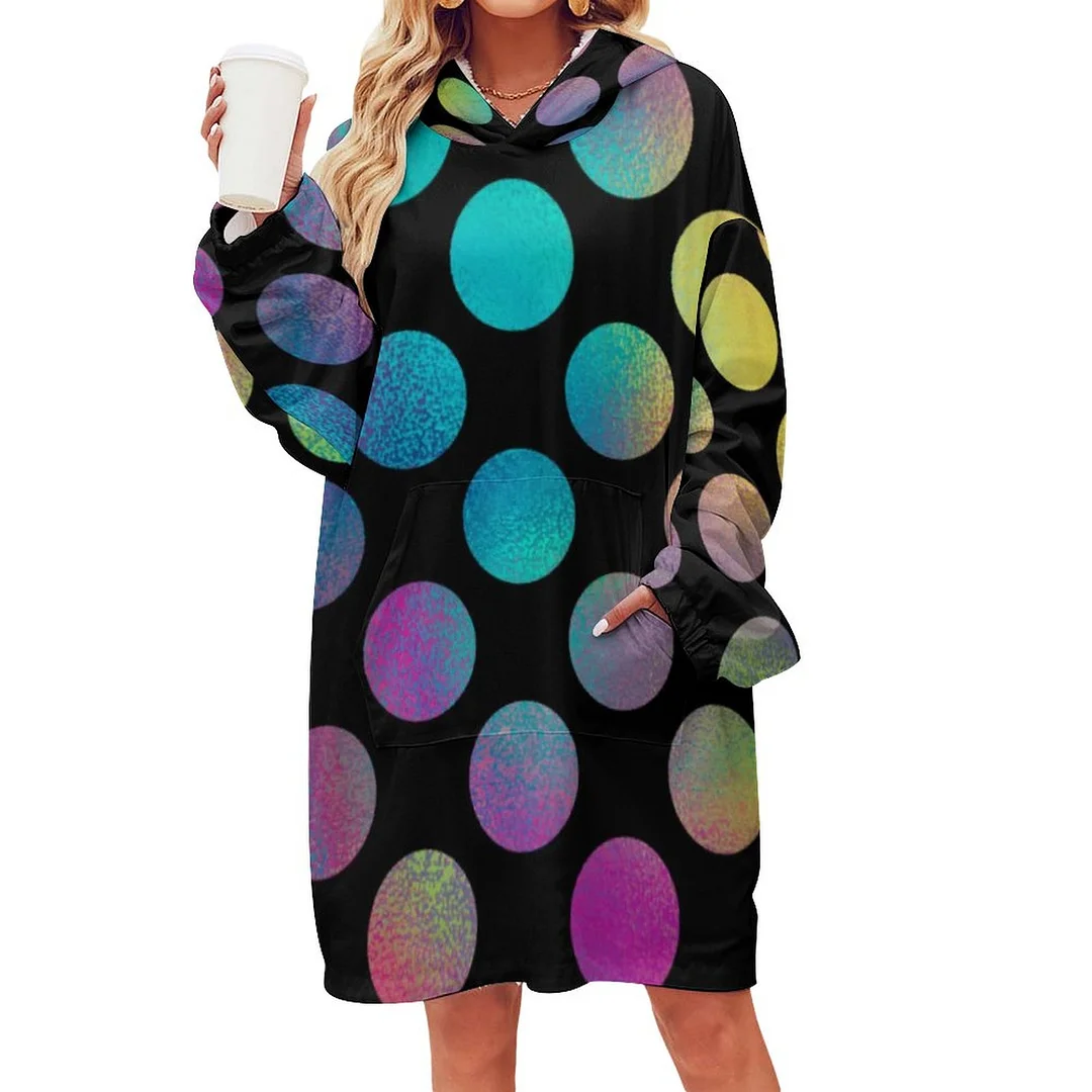 Elegant Modern Rainbow Polka Dots Oversized Sherpa Fleece Sweatshirt Blanket Hoodie Warm Cozy Wearable Tops with Pocket