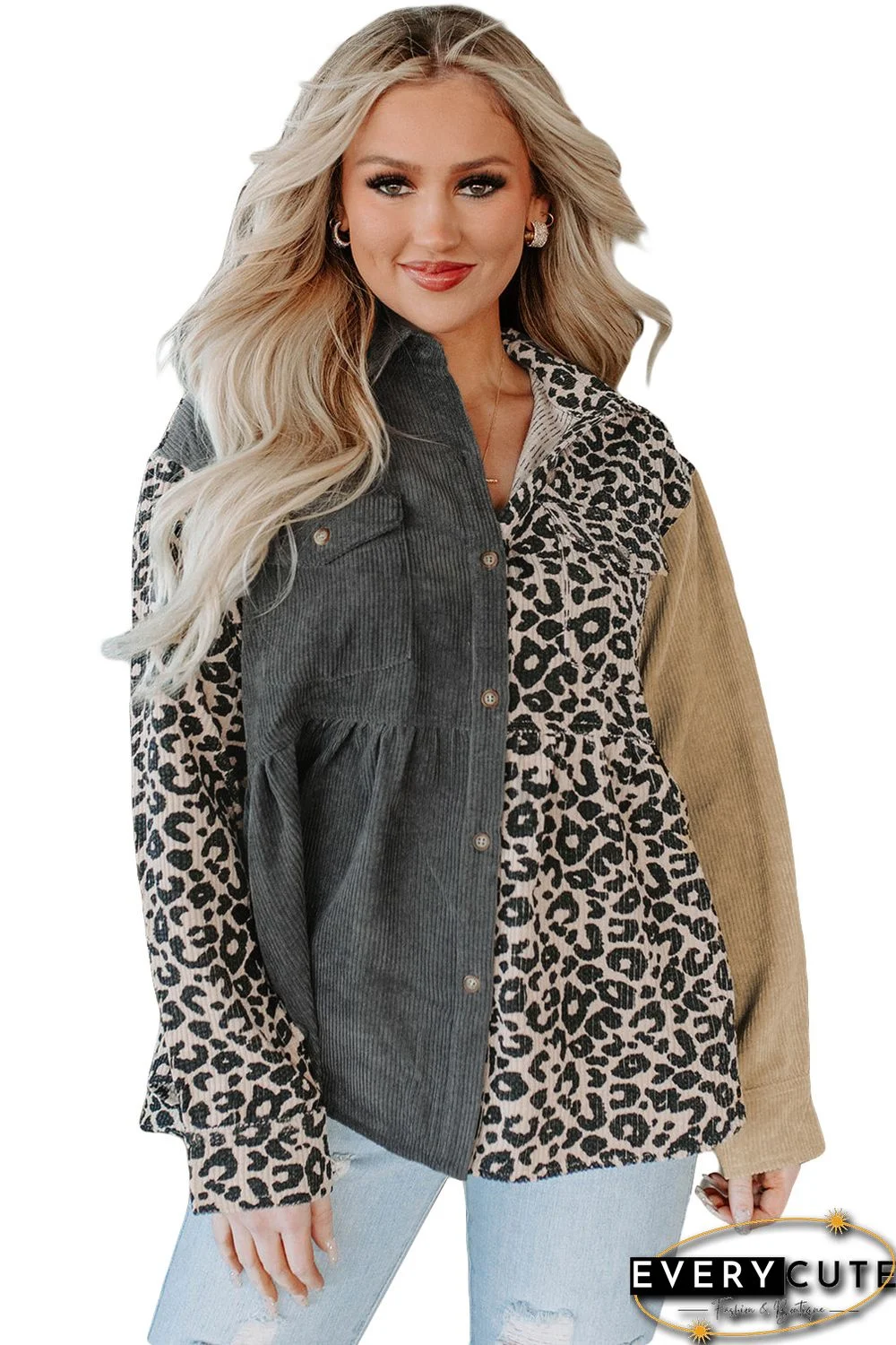 Leopard Colorblock Corduroy Shirt Jacket