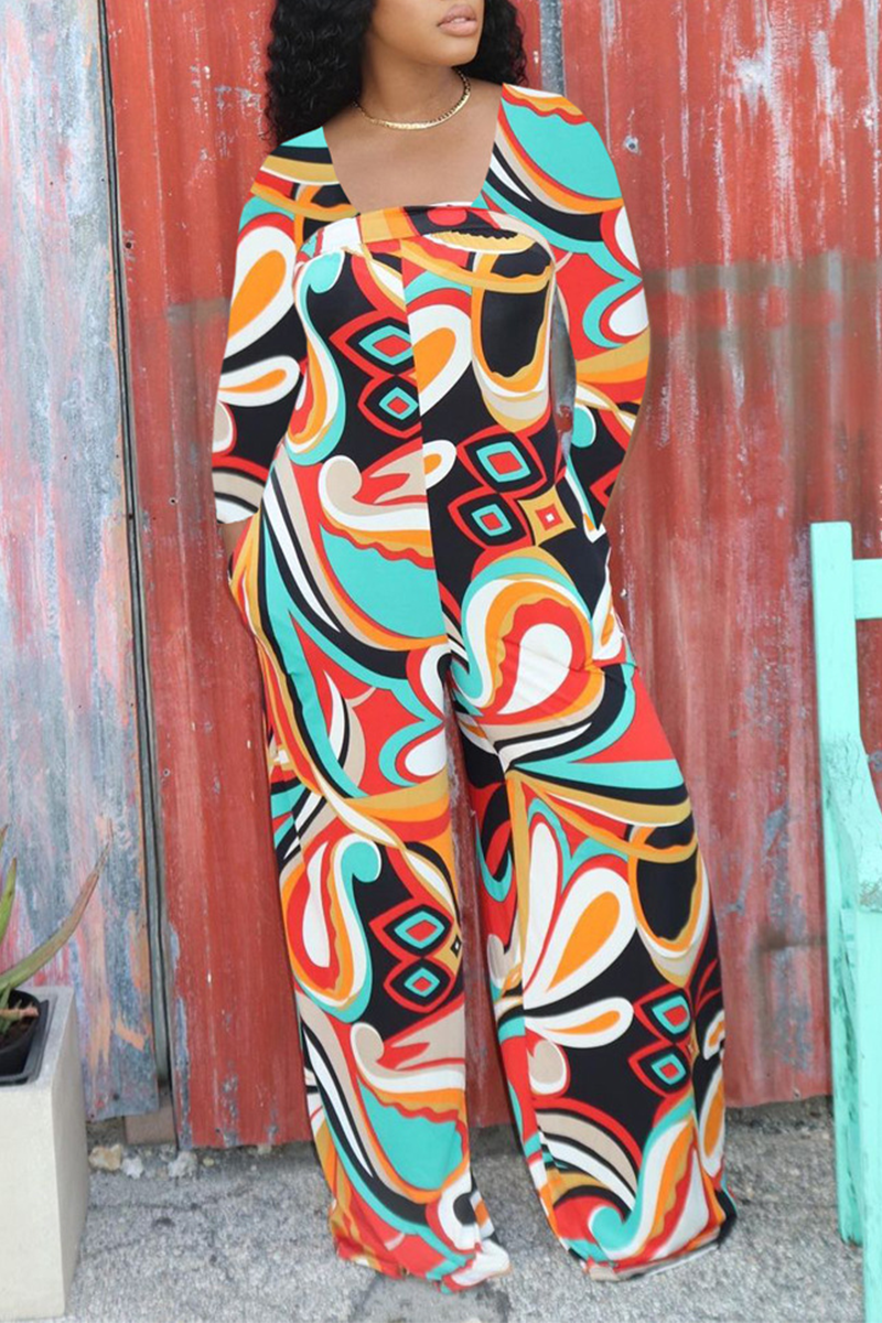 Sexy Print Split Joint Square Collar Straight Jumpsuits