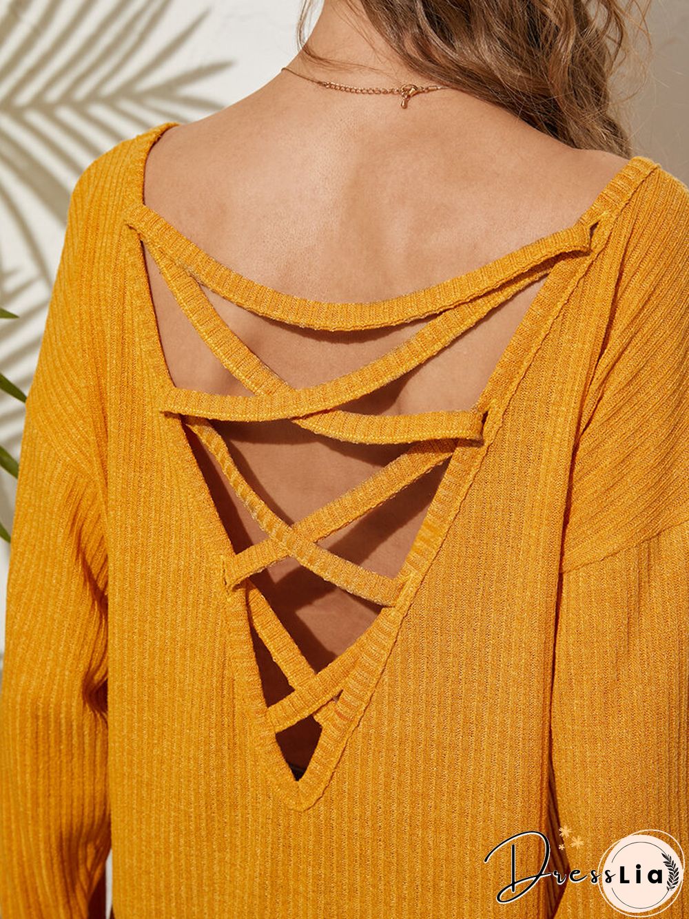 Solid Backless Criss-cross V-neck Long Sleeve Sweatshirt
