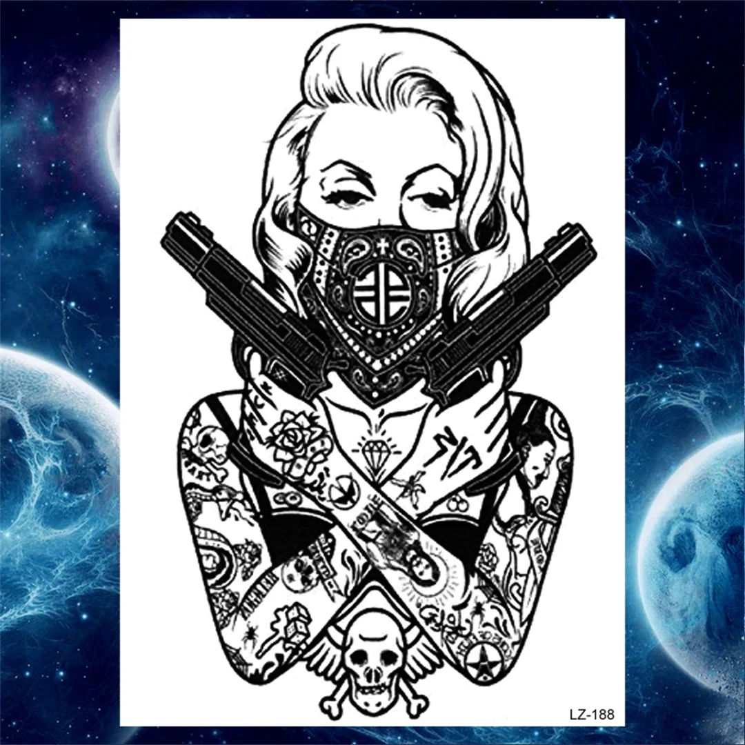 Sdrawing Anchor Skull Temporary Tattoos For Women Men Adult Pirate Black Skeleton Tattoo Sticker Fake Wolf Lion Tiger Tatoos Back