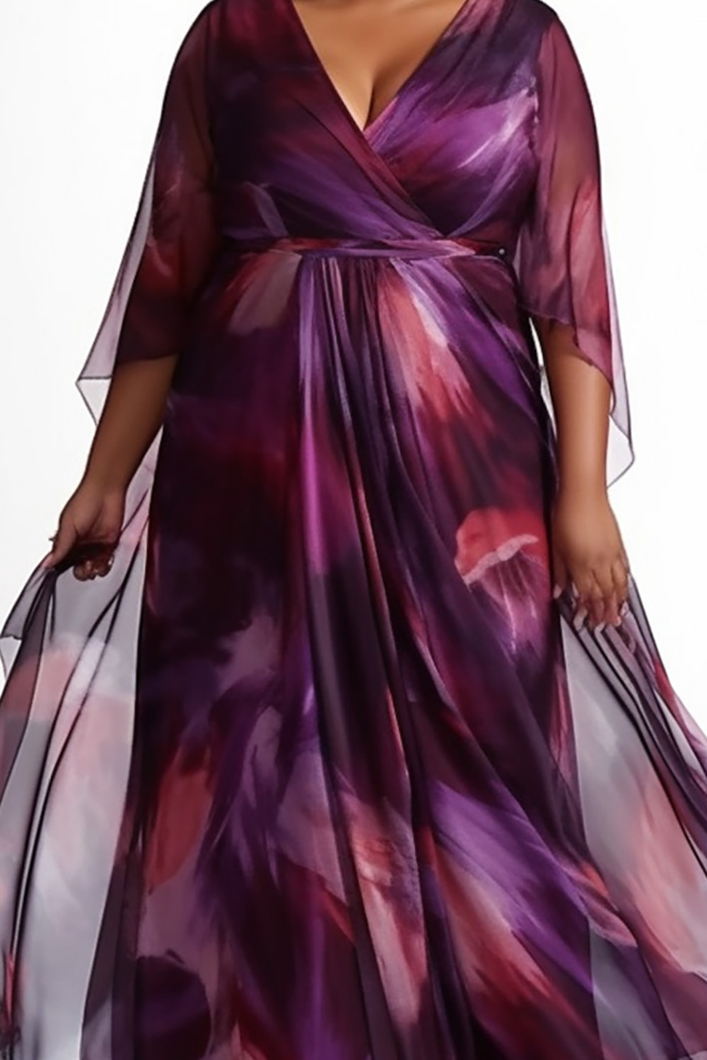 Design Plus Size Mother Of The Bride Elegant Purple All Over Print Wrap Neck 3/4 Sleeve Flounce Chiffon Maxi Dresses [Pre-Order]