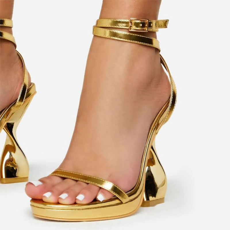Metallic Gold Open Toe Ankle Strap Sculptural Heels Platform Sandals