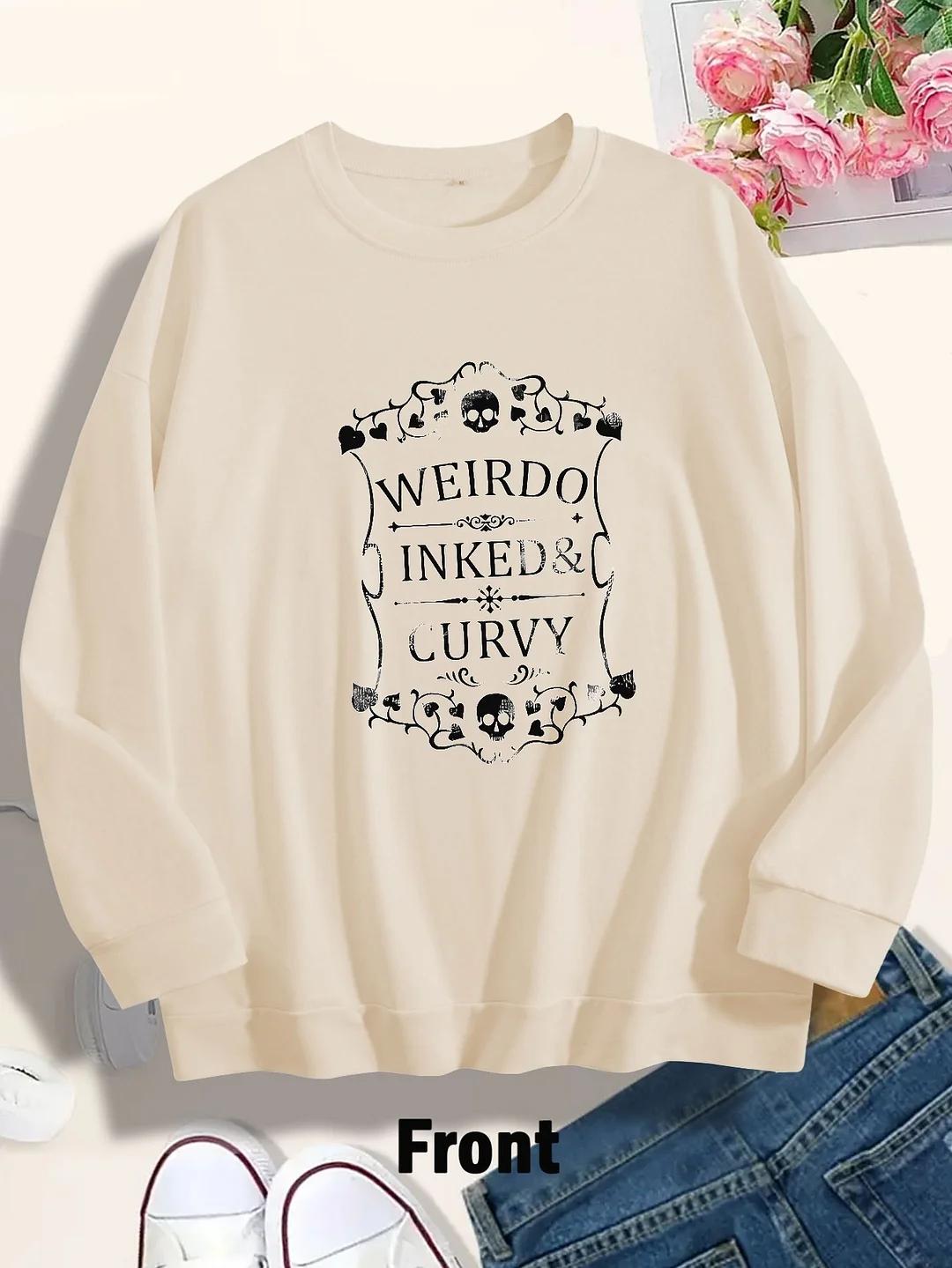 Women's Red Crew Neck Sweatshirt With Gothic Skull Design - "Weirdo Inked & Curvy" Print, Casual Streetwear For Summer, Halloween, Back-To- - Bold Statement Fashion, Everyday Comfort Apparel | Gothic Skull Print | Comfortable Fit, Gothic Clothing | IFYHOME