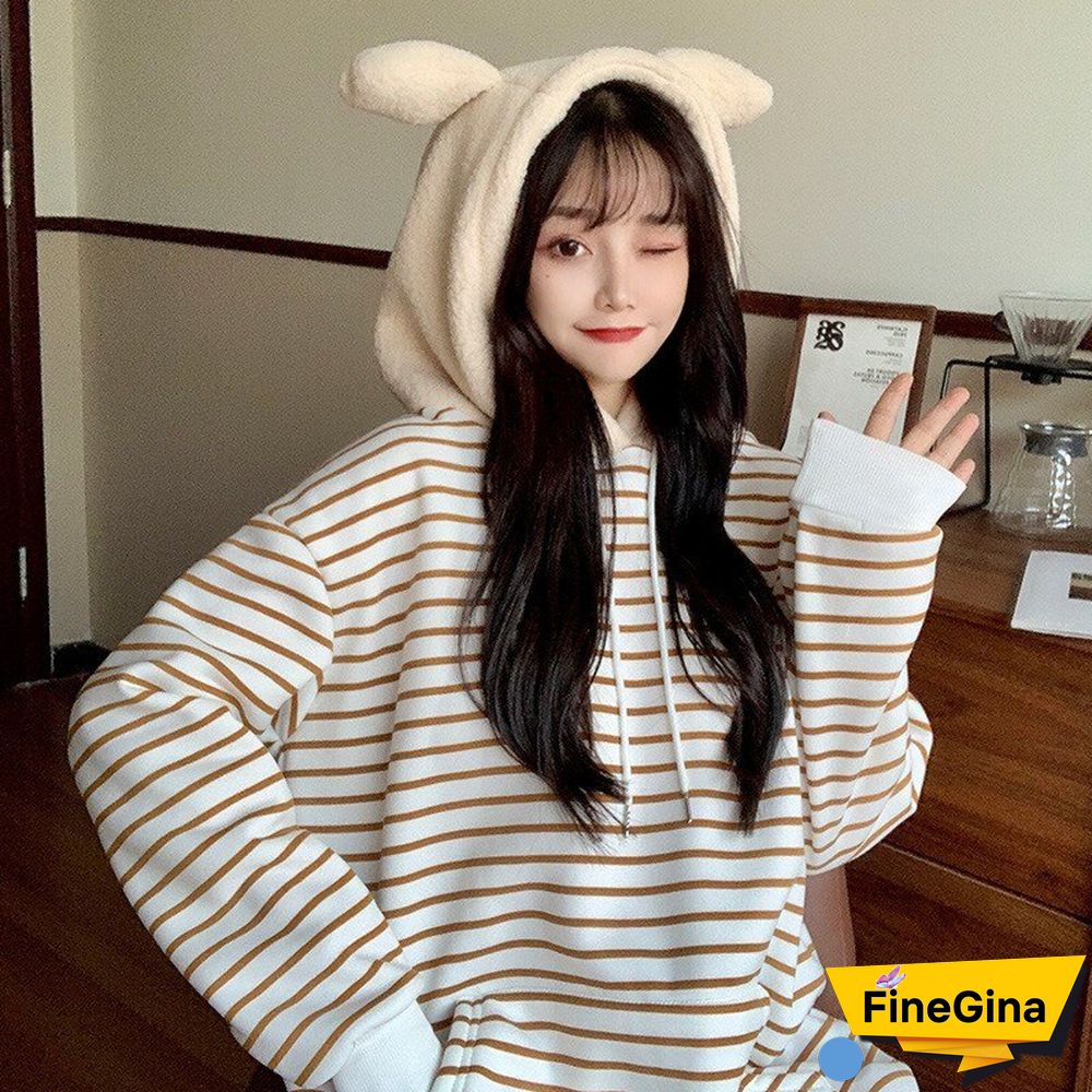 Women's Kawaii Hoodie New Korean Loose Striped Fake Two-Piece Pullover Cute Bear Ears Lamb Hair Sweet Girls Student Clothes