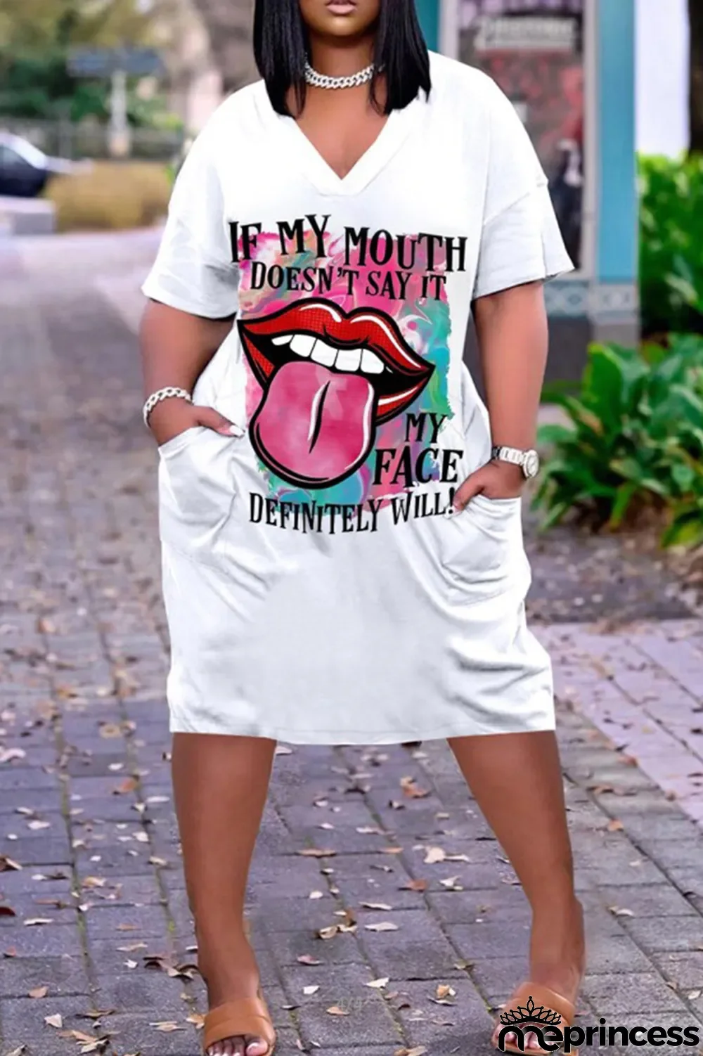 Black Gold Fashion Casual Print Basic V Neck Short Sleeve Dress